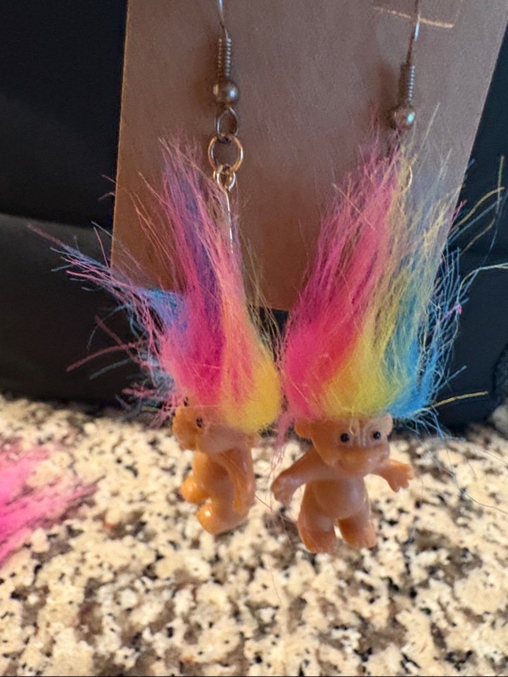 Rainbow Hair Troll Doll Earrings - Pink Yellow Blue
